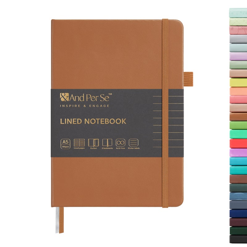 ⩓ Per Se Lined Journal Notebook، 160 صفحة، A5 5.7 × 8 بوصة مجلات ورقية سميكة مسطرة بالكلية للكتابة، دفاتر ملاحظات ذات غلاف فني للنساء والرجال والمدرسة (عبوة واحدة، بني فاتح) - Image 1